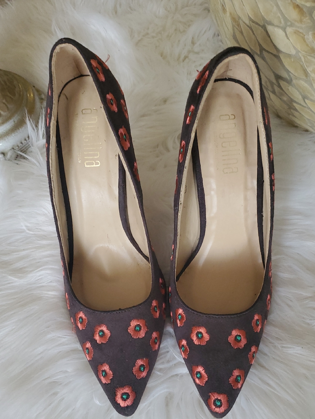 Angelina Brown Pointed Pumps With Red Floral Embroidery